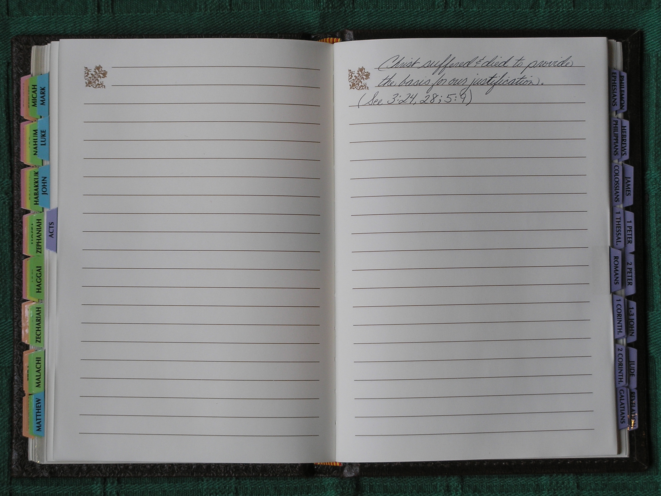 journal with Bible index tabs