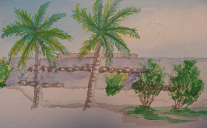Informative Image: Watercolor beach scene with rocks, bushes and two palm trees.